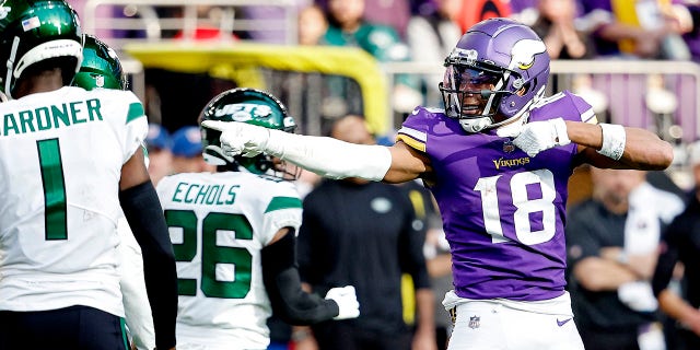 Justin Jefferson, #18 of the Minnesota Vikings, celebrates after a first down catch during the second quarter against the New York Jets at U.S. Bank Stadium on Dec. 4, 2022 in Minneapolis.