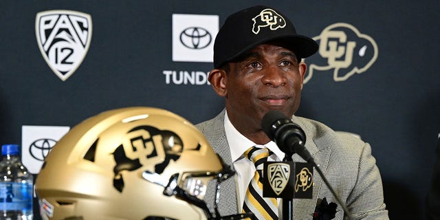 The University of Colorado holds an introductory press conference to announce the hiring of Deion Sanders as the school’s new head football coach in Boulder, Colorado, on Dec. 4, 2022.