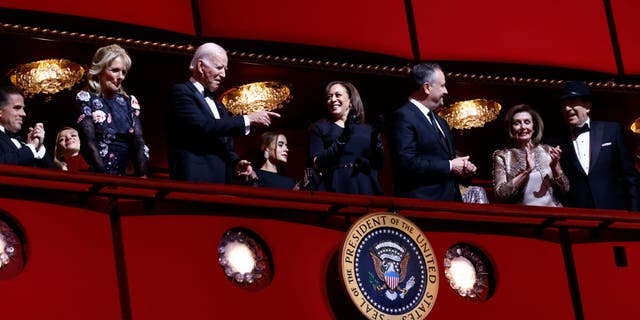 From left to right, first lady Jill Biden, President Biden, Vice President Kamala Harris, Douglas Emhoff, Nancy Pelosi and Paul Pelosi attend the 45th Kennedy Center Honors ceremony at The Kennedy Center on Dec. 4, 2022 in Washington, D.C.