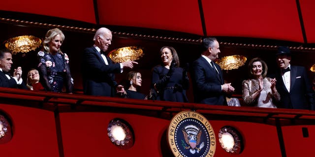 (L-R) First Lady Jill Biden, U.S. President Joe Biden, Vice President Kamala Harris, Douglas Emhoff, Nancy Pelosi and Paul Pelosi attend the 45th Kennedy Center Honors ceremony at The Kennedy Center on December 04, 2022 in Washington, DC. (Paul Morigi/Getty Images)