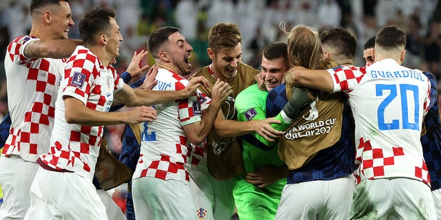 Croatia players celebrate their win via a penalty shootout during the FIFA World Cup Qatar 2022 quarterfinal match between Croatia and Brazil at Education City Stadium on Dec. 9, 2022 in Al Rayyan, Qatar.