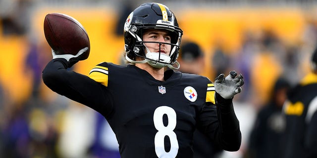 Kenny Pickett, #8 of the Pittsburgh Steelers, warms up prior to the game against the Baltimore Ravens at Acrisure Stadium on Dec. 11, 2022 in Pittsburgh.