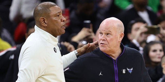 Sixers head coach Doc Rivers and Steve Clifford of the Charlotte Hornets speak at Wells Fargo Center on Dec. 11, 2022, in Philadelphia.