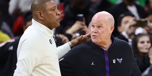 Sixers head coach Doc Rivers and Steve Clifford of the Charlotte Hornets speak at Wells Fargo Center on Dec. 11, 2022, in Philadelphia.