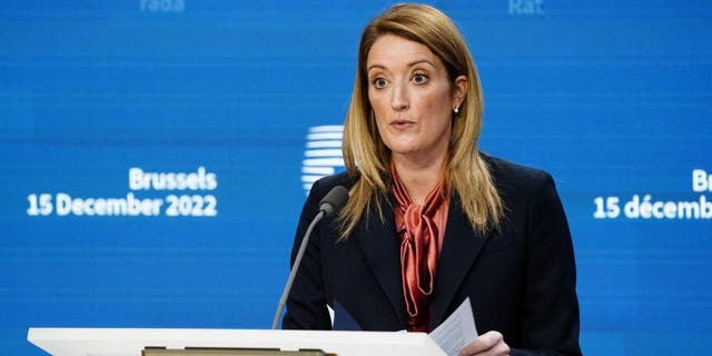 Roberta Metsola, president of the European Parliament, attends a press conference during a European Council meeting Dec. 15, 2022, in Brussels, Belgium.