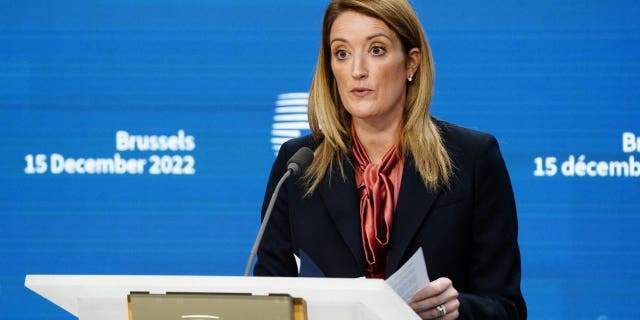 Roberta Metsola, president of the European Parliament, attends a press conference during a European Council meeting Dec. 15, 2022, in Brussels, Belgium.