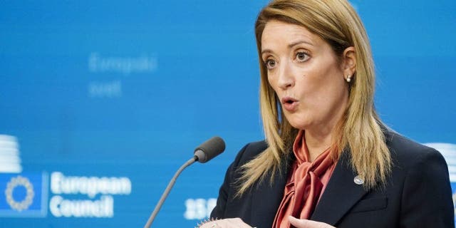 Roberta Metsola, president of European Parliament, speaks to the media during a European Council meeting Dec. 15, 2022, in Brussels, Belgium.