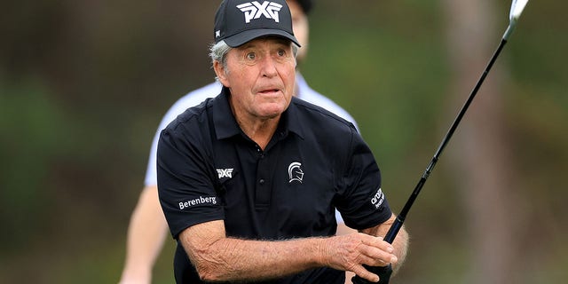 Gary Player plays a shot during Thursday's pro-am preview of the 2022 PNC Championship at The Ritz-Carlton Golf Club on December 15, 2022 in Orlando, Florida.