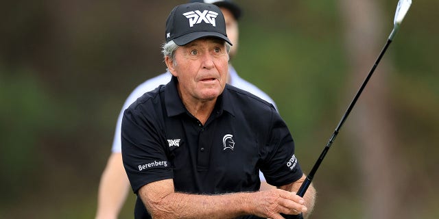 Gary Player plays a shot during Thursday's pro-am preview of the 2022 PNC Championship at The Ritz-Carlton Golf Club on December 15, 2022 in Orlando, Florida.