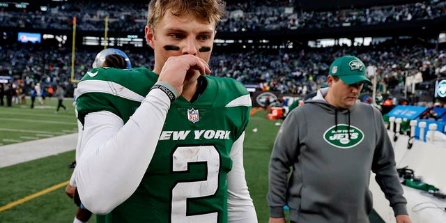 Zach Wilson #2 of the New York Jets reacts after a game against the Detroit Lions at MetLife Stadium on December 18, 2022 in East Rutherford, New Jersey.
