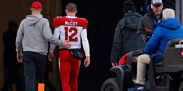 Colt McCoy of the Arizona Cardinals leaves the field during the third quarter of a game against the Denver Broncos at Empower Field At Mile High Dec. 18, 2022, in Denver, Colo. 