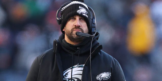 Head coach Nick Sirianni of the Philadelphia Eagles watches the Bears game at Soldier Field on Dec. 18, 2022, in Chicago.