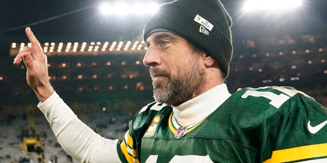 Aaron Rodgers, #12 of the Green Bay Packers, reacts after defeating the Los Angeles Rams 24-12 at Lambeau Field on December 19, 2022 in Green Bay, Wisconsin. 