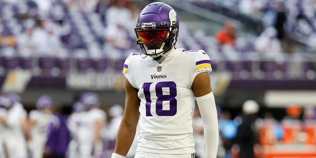 Justin Jefferson of the Minnesota Vikings looks on during pregame warmups before playing the New York Giants at U.S. Bank Stadium in Minneapolis, Minnesota, on Saturday.