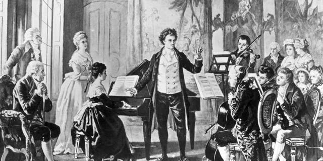 Le compositeur allemand Ludwig van Beethoven (1770-1827) dirige l'un de ses trois "Rasumowsky" quatuors à cordes, vers 1810. Dessiné par l'artiste Borckmann.