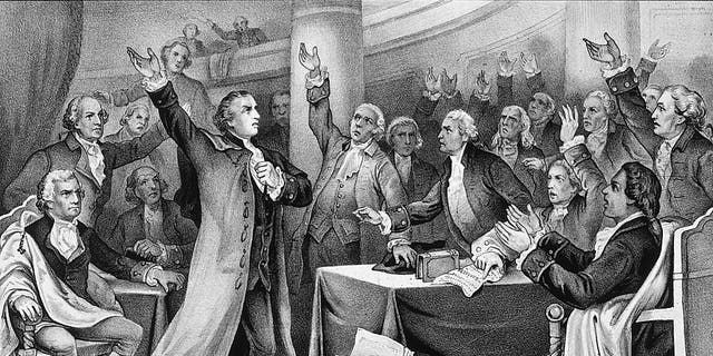American statesman Patrick Henry (1736 - 1799) delivers his patriotic 'give me liberty, or give me death' speech before the Virginia Assembly in 1775. Henry was th  leading proponent of the Bill of Rights as a bulwark against government overreach. Original Artwork: Printed by Currier &amp; Ives. 