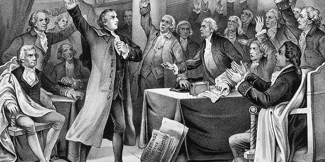 American statesman Patrick Henry (1736 - 1799) delivers his patriotic 'give me liberty, or give me death' speech before the Virginia Assembly in 1775. Henry was th leading proponent of the Bill of Rights as a bulwark against government overreach. Original Artwork: Printed by Currier & Ives.