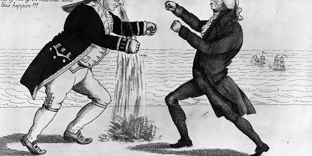 King George III (1738-1820) receives a bloody nose at the hands of U.S. President James Madison (1751-1836) during the War of 1812, after the early U.S. naval victories gave America the upper hand. Original Artist: By William Charles, circa 1813. 