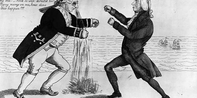 King George III (1738-1820) receives a bloody nose at the hands of U.S. President James Madison (1751-1836) during the War of 1812, after the early U.S. naval victories gave America the upper hand. Original Artist: By William Charles, circa 1813. 