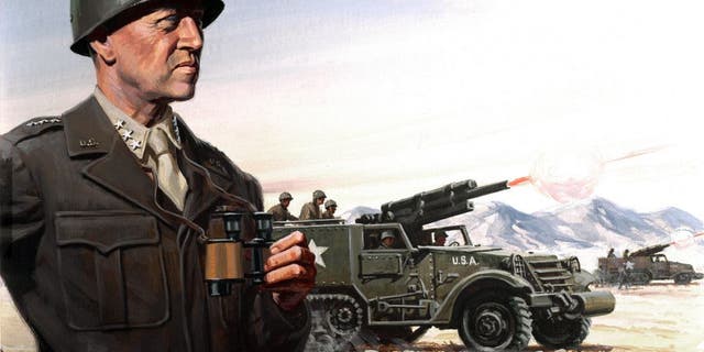 A painting for the U.S. Army "Stars and Stripes" newspaper shows U.S. Army General George S. Patton during the Battle of El Guettar in south-central Tunisia, March 1943.