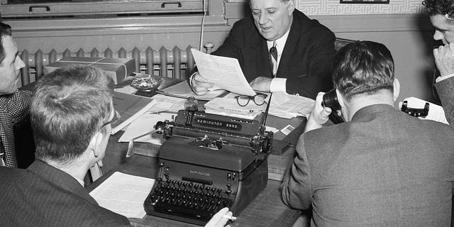 Bert Bell, commissioner of the National Football League, is shown at a press conference in Philadelphia on April 4, 1947. Bell was commissioner of the NFL from 1946 until his death in 1959.