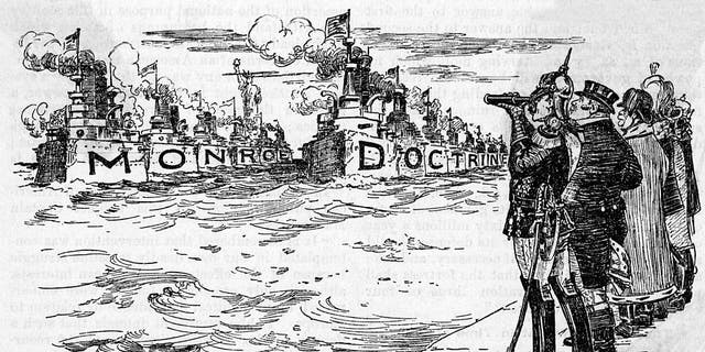 Monroe Doctrine: A W.A. Rogers cartoon showing European potentates observing American naval might, ca 1904. From New York Herald. Undated.