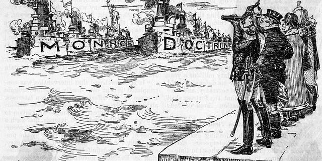 Monroe Doctrine: A W.A. Rogers cartoon showing European potentates observing American naval might, ca 1904. From New York Herald. Undated.