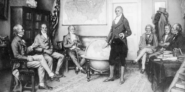 Illustration depicting the birth of the Monroe Doctrine. James Monroe, the nation's 5th president, is shown standing beside a globe; John Quincy Adams is seated at left. From a painting by Clyde O. DeLand.