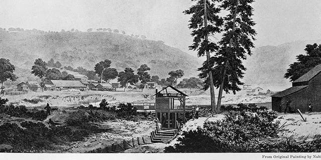 Illustration depicting Sutter's Mill, where New Jersey prospector James Marshall discovered gold in 1848, sparking the California Gold Rush. Painting by Nahl.
