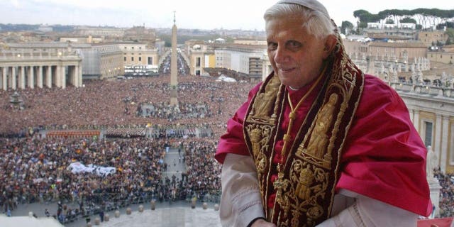 Pope Benedict XVI, Cardinal Joseph Ratzinger of Germany, appears on the balcony of St Peter's Basilica in the Vatican after being elected by the conclave of cardinals, April 19, 2005.