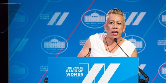Bamby Salcedo, president and CEO of the TransLatin@ Coalition, gives remarks at the White House summit on "The United State of Women" in Washington, D.C., on June 14, 2016.