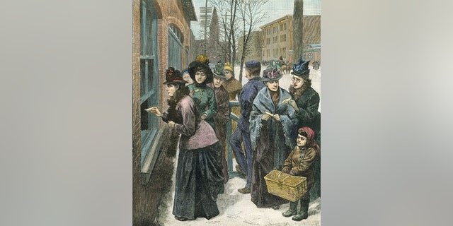 Titled "Scene at the polls in Cheyenne," this colorized engraving shows a group of women as they line up on the sidewalk to cast their ballots through an open window, Cheyenne, Wyoming Territory, 1888.