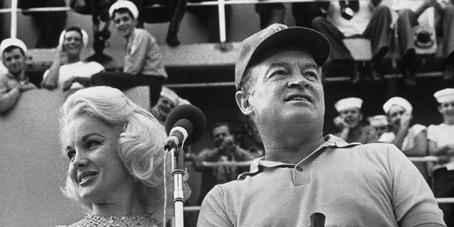 Bob Hope and Carroll Baker aboard the Ticonderoga, off the coast of Vietnam, in 1972.