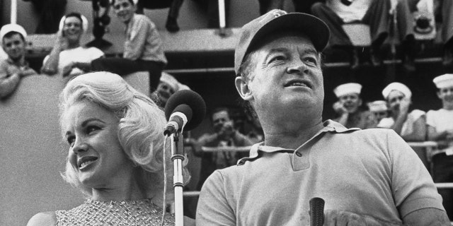 Bob Hope and Carroll Baker aboard the Ticonderoga, off the coast of Vietnam, in 1972.