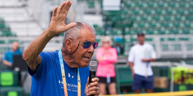 Coach Nick Bollettieri helps to inspire children during Kids Day at the 2017 Miami Open on March 21, 2017, at Tennis Center at Crandon Park in Key Biscayne, FL.