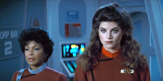 Kirstie Alley, right, in "Stark Trek II: The Wrath of Khan" alongside Nichelle Nichols as Commander Uhura.