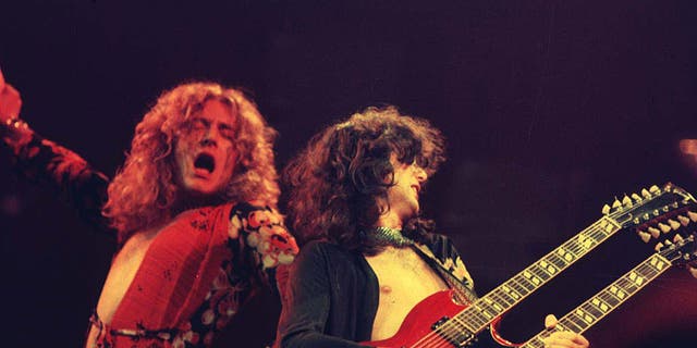 Robert Plant and Jimmy Page of Led Zeppelin at the Chicago Stadium in Chicago, Illinois, on Jan. 20, 1975. 