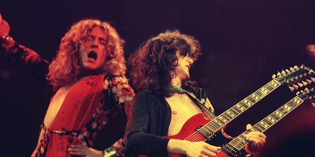 Robert Plant and Jimmy Page of Led Zeppelin at the Chicago Stadium in Chicago, Illinois, on Jan. 20, 1975. 