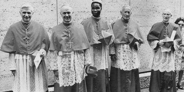 Five new cardinals installed by the pope at the Vatican on June 27, 1977, include Cardinal Joseph Ratzinger of Germany (later Pope Benedict XVI), far left.