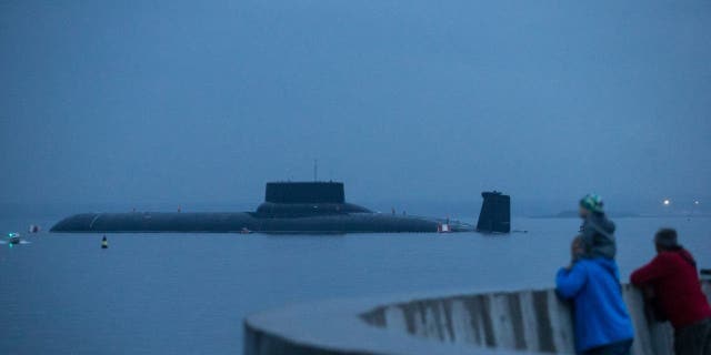 Russian Navy's TK-208 Dmitry Donskoy nuclear submarine is prepared for the Navy Day parade in Kronshtadt of the suburb of St. Petersburg.