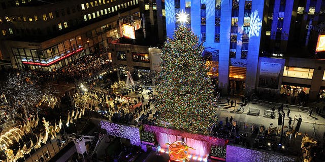 A general view at the annual tree lighting ceremony and Christmas celebration at Rockefeller Center on Dec. 3, 2008 in New York City. The 2008 tree came from Hamilton Township, New Jersey, the hometown of W.V. McGalliard, who planted the first tree farm in that community in 1901. 