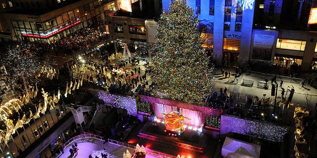 A general view at the annual tree lighting ceremony and Christmas celebration at Rockefeller Center on Dec. 3, 2008 in New York City. The 2008 tree came from Hamilton Township, New Jersey, the hometown of W.V. McGalliard, who planted the first tree farm in that community in 1901. 