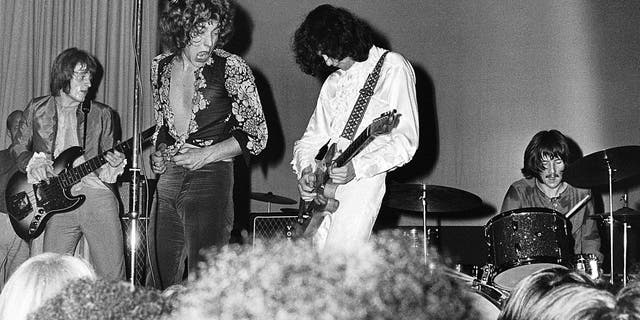 From left, John Paul Jones, Robert Plant, Jimmy Page and John Bonham of The New Yardbirds (to be renamed Led Zeppelin) perform live on stage at Gladsaxe Teen Club in Gladsaxe, Denmark, on Sept. 7, 1968. 