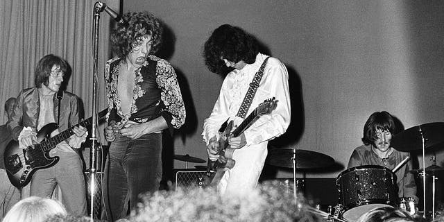 From left, John Paul Jones, Robert Plant, Jimmy Page and John Bonham of The New Yardbirds (to be renamed Led Zeppelin) perform live on stage at Gladsaxe Teen Club in Gladsaxe, Denmark, on Sept. 7, 1968.