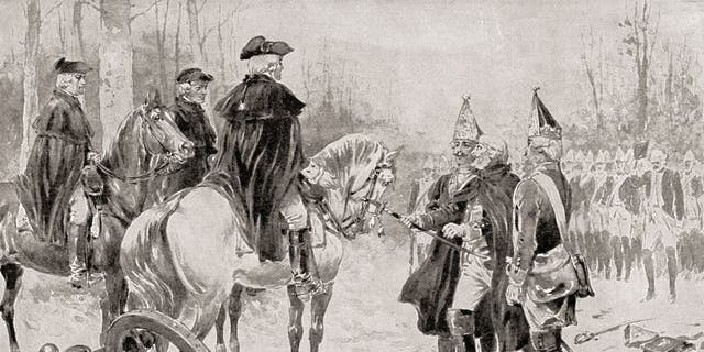 Colonel Rahl surrenders to George Washington at The Battle of Trenton, December 26, 1776, during the American Revolutionary War. From "The History of Our Country," published 1900. 