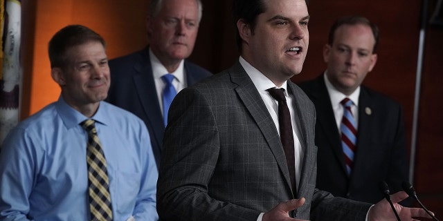 U.S. Rep. Matt Gaetz, R-Florida, speaks as Rep. Jim Jordan, R-Ohio, Rep. Mark Meadows, R-North Carolina, and Rep. Lee Zeldin (R-NY) listen during a news conference May 22, 2018 on Capitol Hill in Washington, DC. Rep.