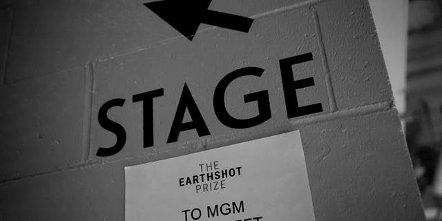 A sign is seen backstage at rehearsals for the Earthshot Awards at MGM Music Hall at Fenway on Dec. 1, 2022, in Boston.
