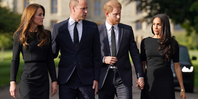 Catherine, Princess of Wales; Prince William, Prince of Wales; Prince Harry, Duke of Sussex; and Meghan, Duchess of Sussex, on the long Walk at Windsor Castle Sept. 10, 2022, in Windsor, England. Royal experts suspect that a reconciliation is unlikely anytime soon.