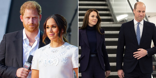 Several royal experts took issue with the timing of the Duke and Duchess of Sussex's (left) latest projects while the Prince and Princess of Wales (right) carry out their duties.