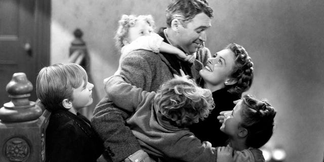 Clockwise from top: James Stewart, Donna Reed, Carol Coombs, Jimmy Hawkins, Larry Simms and Karolyn Grimes in "It’s a Wonderful Life."